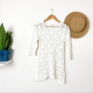 J. Jill White Crochet 3/4 Sleeves Crew Sweater XS